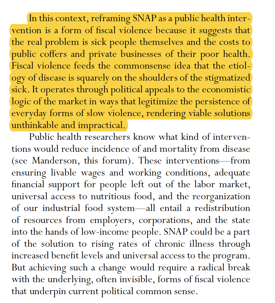In 'Fiscal Violence in the US Food Safety Net'  @mag2d2 looks at the racist dog-whistle politics that destroy any attempts to address chronic health conditions through food assistance in the United States. https://anthrosource.onlinelibrary.wiley.com/doi/10.1111/aman.13442(See also new  @ucpress book Feeding the Crisis)