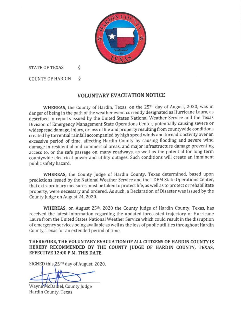 sourlakecoc's tweet image. From Judge McDaniel: “I am submitting my Voluntary Evacuation Notice to the citizens of Hardin County. The Mayors and I will be meeting throughout the day to discuss any potential for a mandatory evacuations.... Any decision on that should be made public by 2:30PM.”