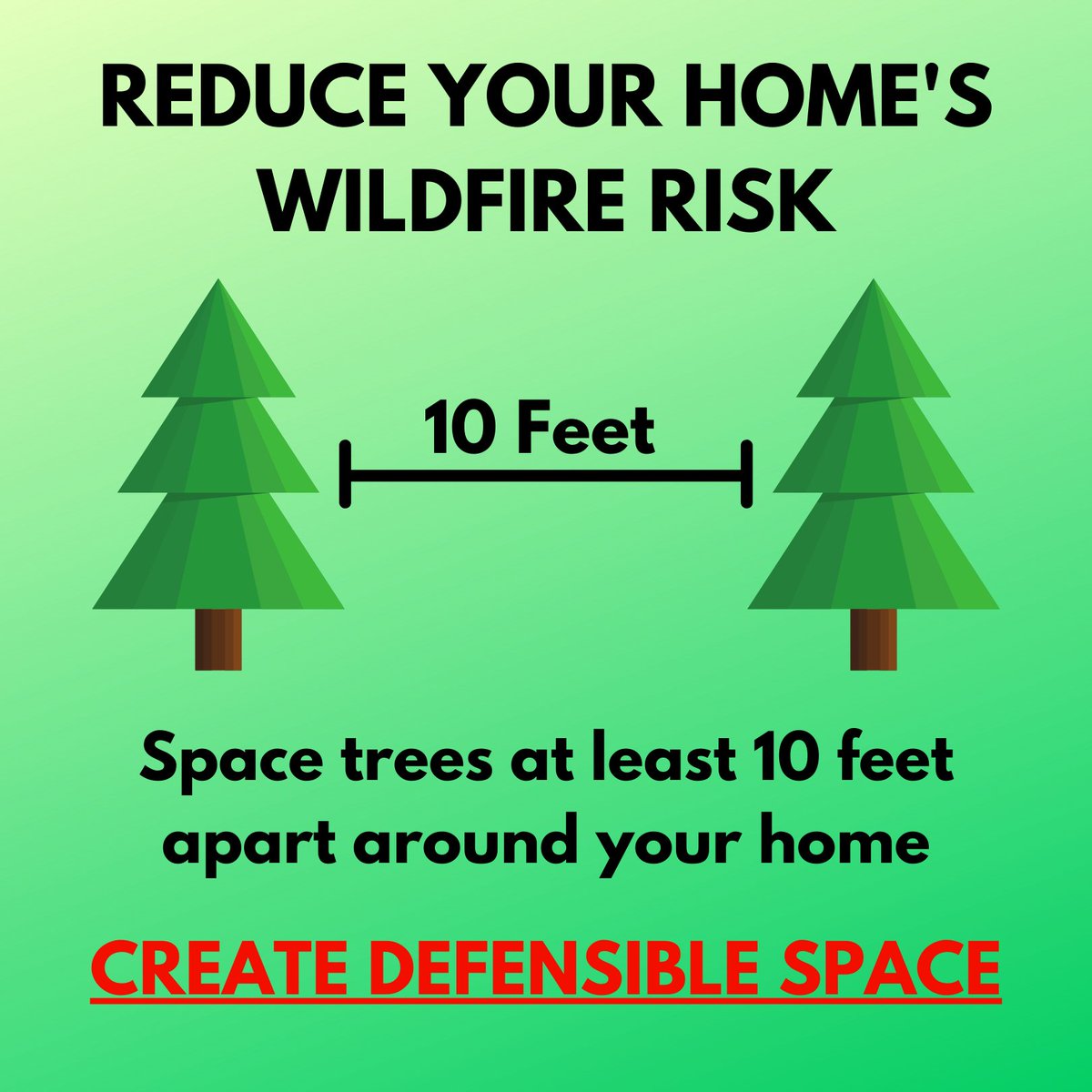 MontanaDNRC's tweet photo. Reduce your property's wildfire risk by spacing trees at least 10 feet apart, measuring from the crowns, and removing ladder fuels 6-10 feet from the ground. #BeEmberAware #DefensibleSpace #FireAdaptedMT https://t.co/mRI3wGYDaF