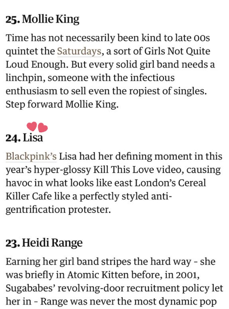 Lisa is the first and only member of blackpink to mentioned in the 24th best girl band member of all time by The Guardian.