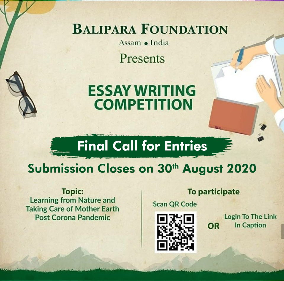 naturenomics's tweet photo. Our #EssayWriting Competition is coming to a close on 30th August! You still have time to submit your entries. Hurry!
For further details &amp; participation, use this link:
https://t.co/nyawmXpPM2
#BaliparaFoundation #ContestAlert #essay #EasternHimalayan #Assam #Guwahati #Northeast https://t.co/pujFDJTF8T
