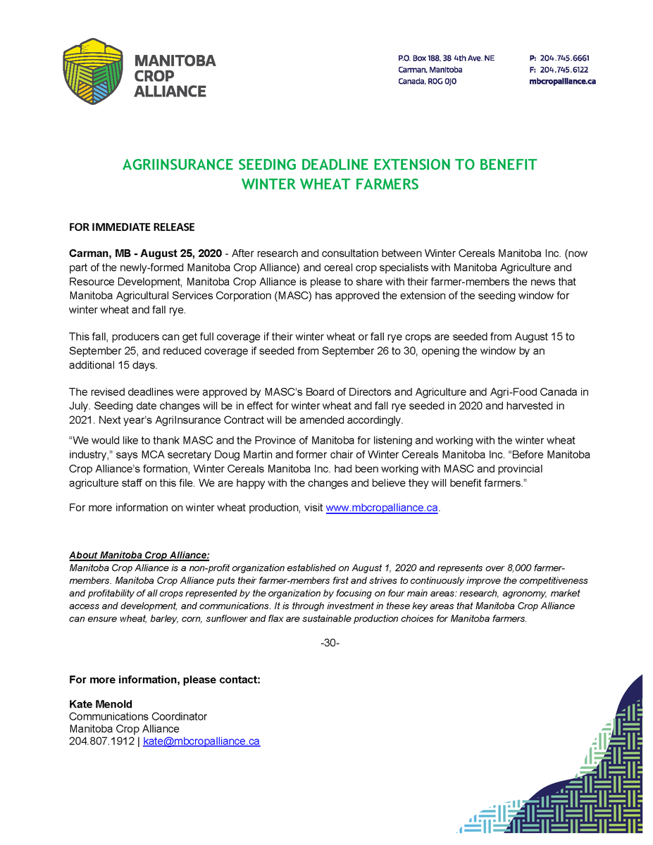 mb_cropalliance's tweet photo. NEWS RELEASE: Agriinsurance Seeding Deadline Extension to Benefit Winter Wheat Farmers

Read full release here: https://t.co/8gwth3vxhz https://t.co/2yu1zfoag6