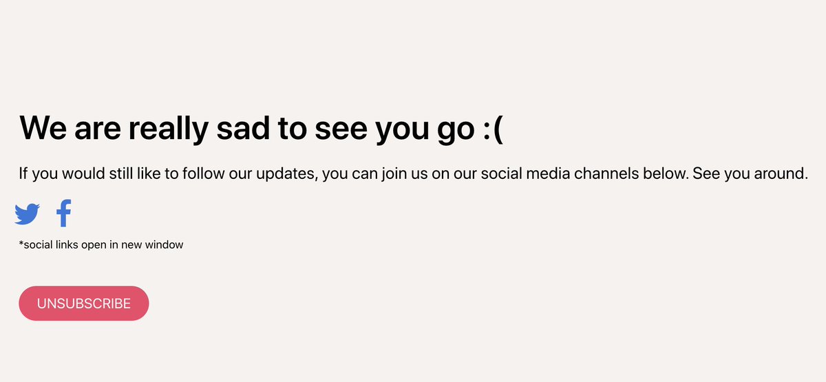 unaudience's tweet photo. https://t.co/KVjqBuhGqR converts a single-click #Mailchimp unsubscribe process to include a custom confirmation page. You can use this page to share social media channels. Create your custom page for #FREE now and prevent accidental unsubscribes.

#EmailMarketing #Tips https://t.co/XYc5YZcLYg