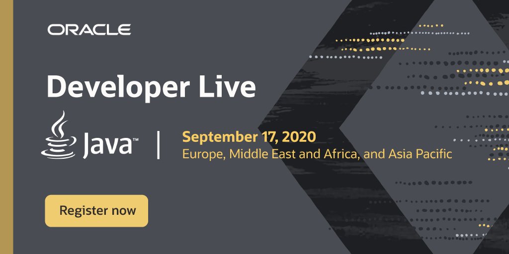 OracleDevs's tweet image. If you're in the Europe, Middle East and Africa, or Asia Pacific regions, you won't want to miss our #OracleDevLive virtual event on Sept. 17! Learn about:
✔️ #Java15 release
✔️ New projects such as Loom, GraalVM, & Helidon
 ✔️And more!
oracl.info/9j7U50B4Ux1