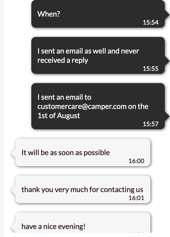 Nefasta atencion al cliente <a href="/Camper/">ᅟ</a> ... Bienvenido al club de #peorimposible. Me han cerrado el chat.