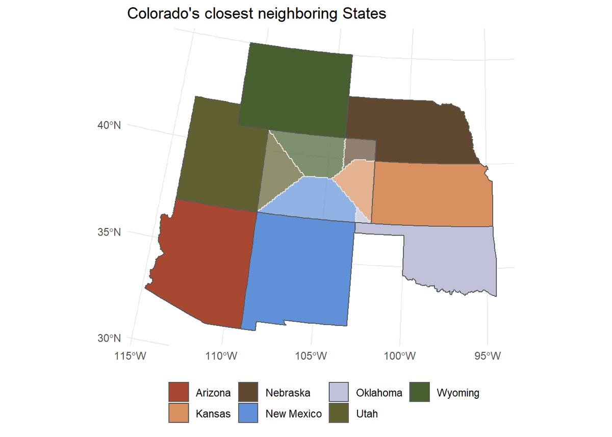 ReynardSubtil's tweet photo. @CivicAngela A learning exercise, but finally got around to trying @tjukanov's nearest adjoining Country idea for US States  with {sf}
https://t.co/IX2fQ5anrR 
#rspatialchat https://t.co/LIzH03uVrs