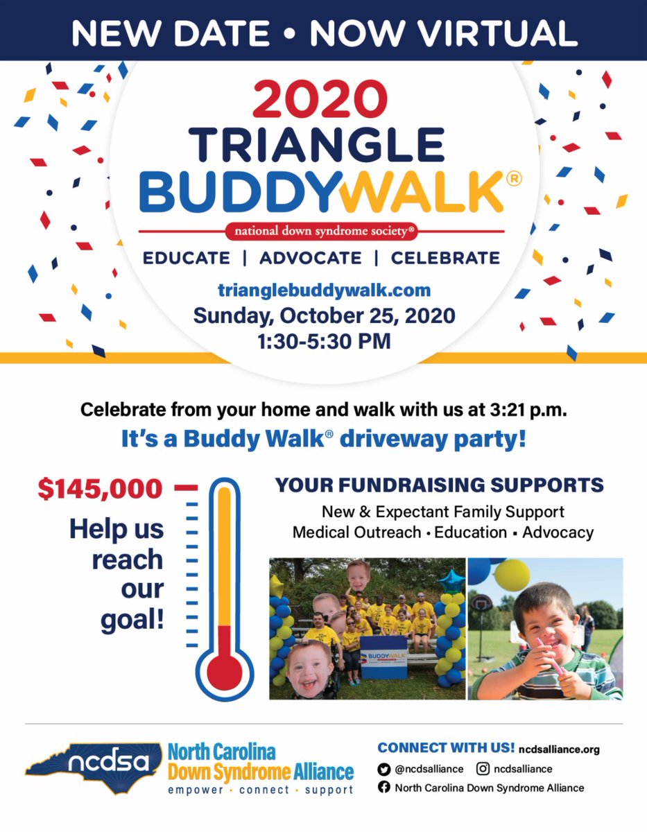 NCDSAlliance's tweet photo. Please read our exciting #TriangleBuddyWalk update!
🎈 New date 🎈
🎈 Now virtual 🎈
Find all the details here 👉👉 https://t.co/mj7Xz7hOHk 👈👈
#TBW2020 #NoLimits #BuddyWalk #NCDSAlliance https://t.co/WF3k4fKrXL