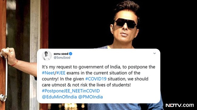 ndtv's tweet photo. #ProtestAgainstExamsInCOVID | Actor @SonuSood speaks to @VishnuNDTV on whether the government should postpone #JEE and #NEET exams on #LeftRightCentre, tonight at 9 on NDTV 24x7 https://t.co/bxJbkghn6h