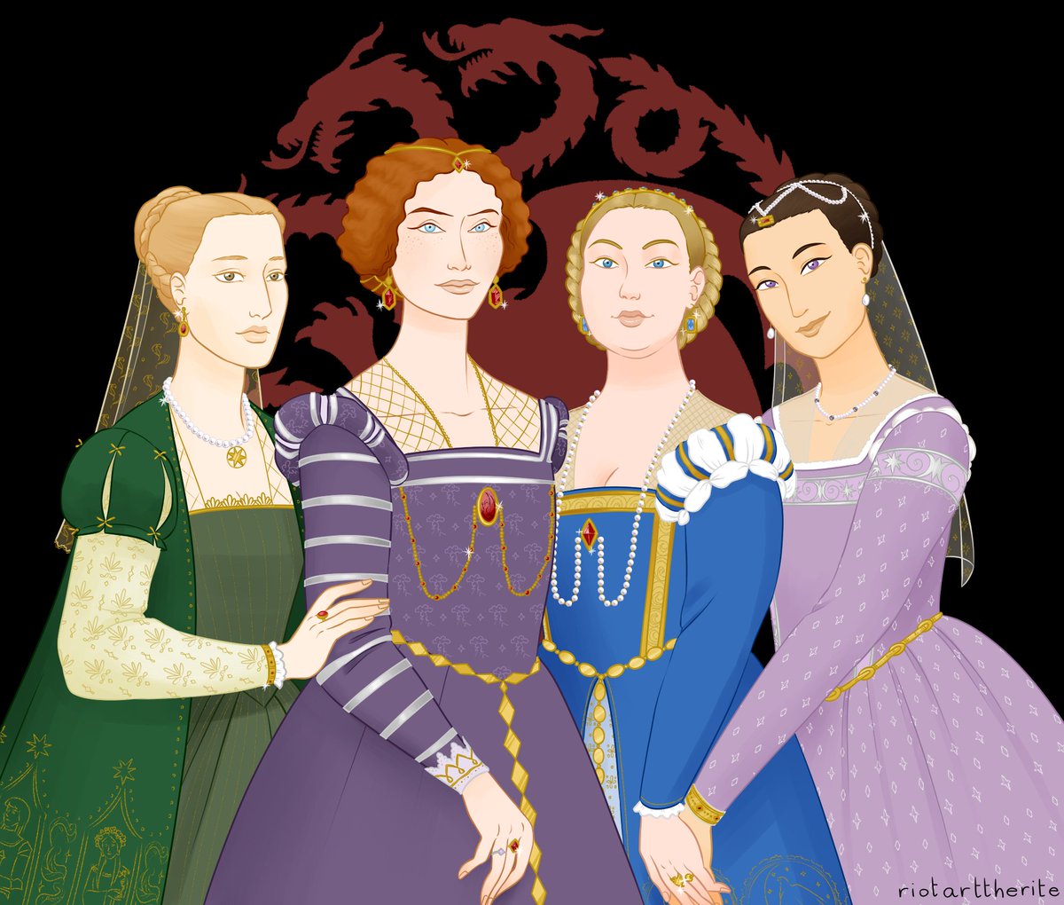 The wives of Daeron II’s sons:
Aelinor Penrose, married to Aerys I,
Jena Dondarrion, married to Baelor Breakspear,
Alys Arryn, married to Rhaegel,
Dyanna Dayne, married to Maekar

#riotarttherite