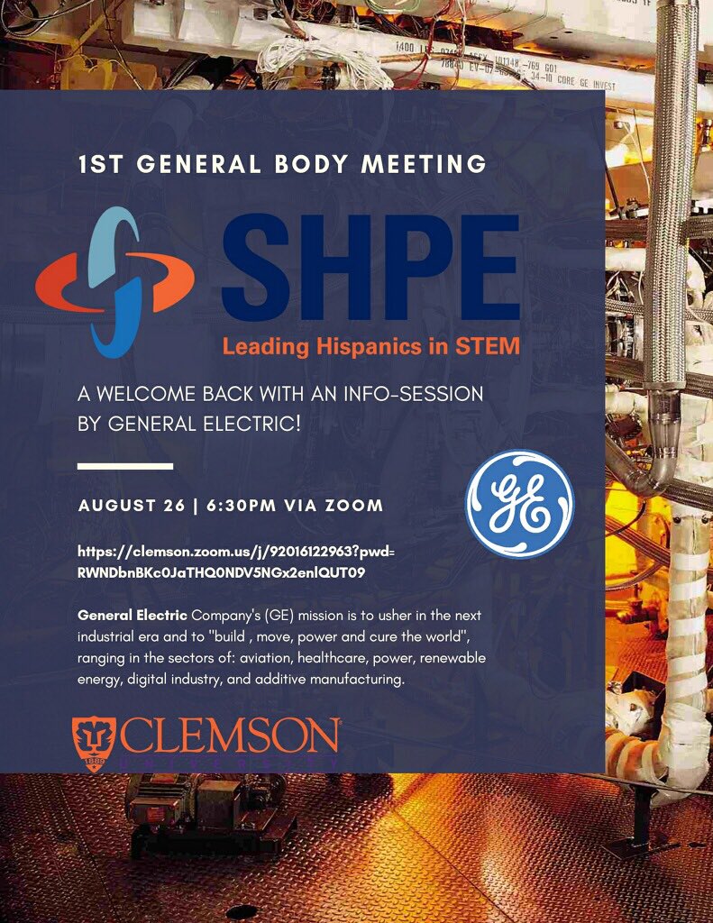 Good morning familia🔆
Don’t forget our first general body meeting is TOMORROW via Zoom <a href="/6/">Adrián Lamo</a>:30pm! clemson.zoom.us/j/92016122963?…
GE is coming to meet y’all and tell us about the opportunities their company is recruiting for, so you do not want to miss it‼️