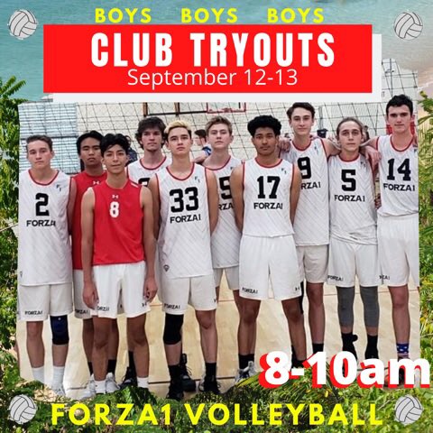 Registration is OPEN for boys club tryouts- all ages -all levels! forza1volleyball.com