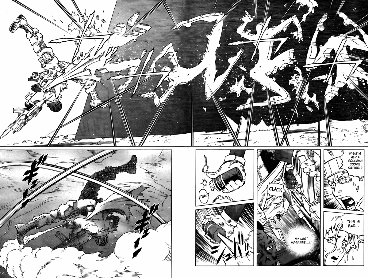 Third, Miura uses perfectly what I think is called "panel flow". The panel flow is usually from right to left in mangas as it is the way you read them.By drawing in the same direction a mangaka compresses the perception of time of the reader and raises the speed of the action.