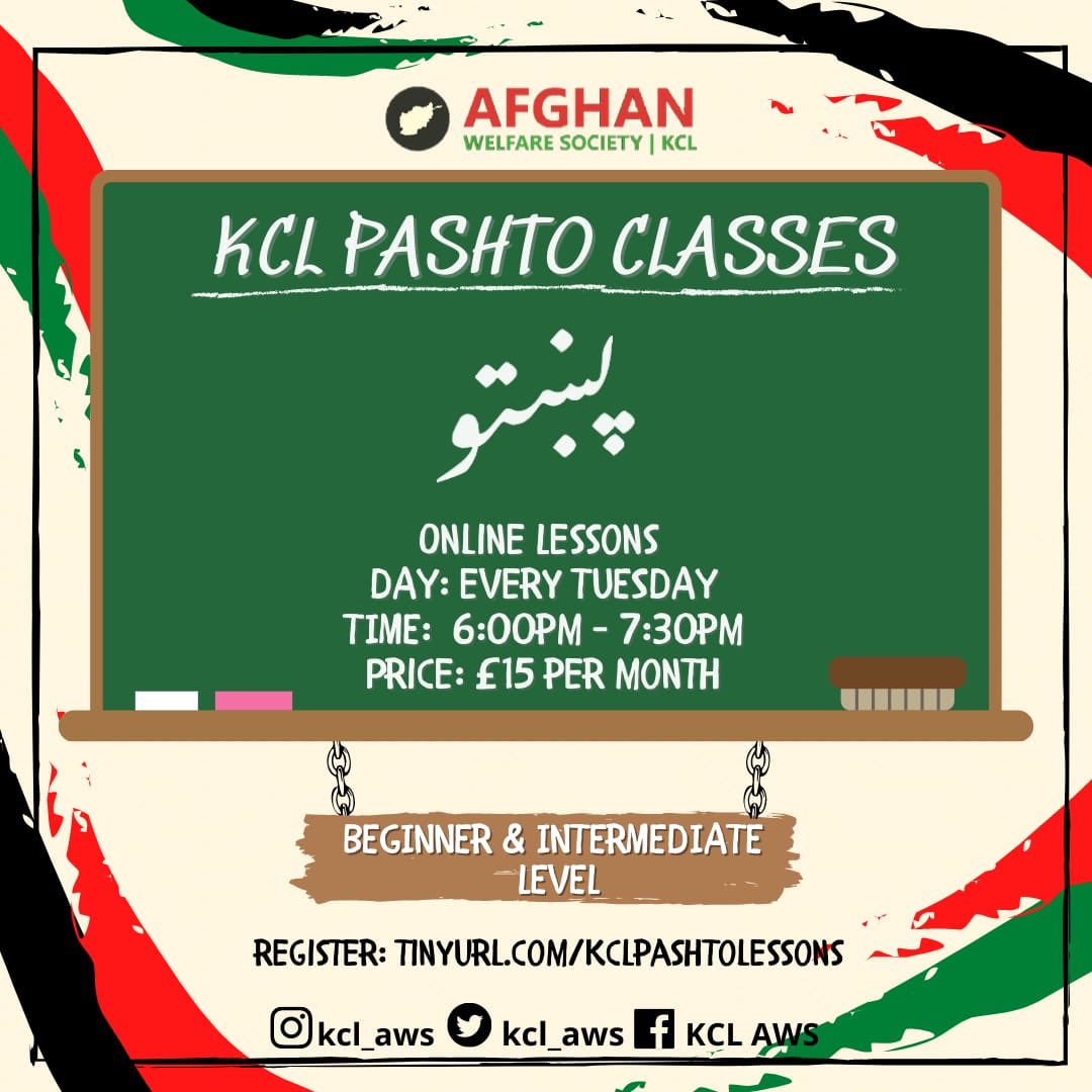 kcl_aws's tweet image. WE ARE BACK...AND SO ARE OUR HIGHLY REQUESTED ONLINE PASHTO CLASSES📚🤩

Make sure to sign up using the link in the bio and share this with anyone you think might be interested!♥️🇦🇫

Don't let the pandemic stop you from learning this beautiful language! 🙌🏼