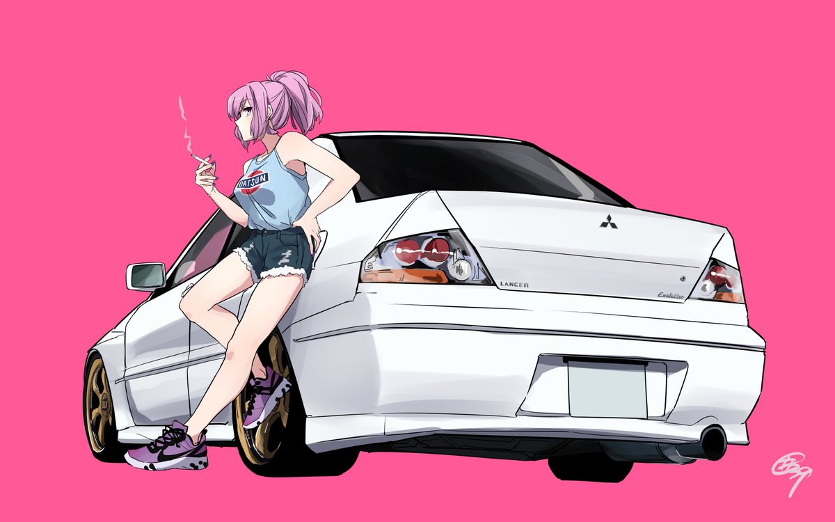 mori calliope sports car vehicle focus 1girl car motor vehicle ground vehicle pink background  illustration images