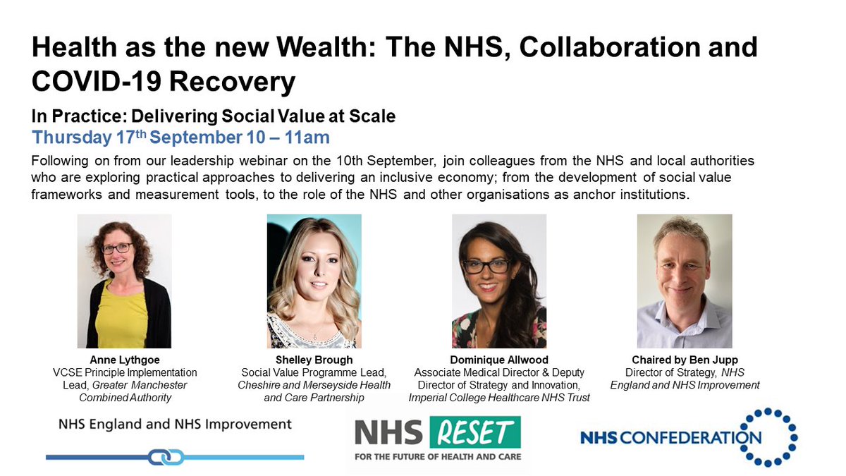 Join this discussion on health, wealth, anchors, social value &amp; practical delivery. Register here bit.ly/DeliveringSoci… You may also like to join Part 1 on the 10th which will focus on strategy &amp; leadership bit.ly/CreatingTheVis… 
 #NHSanchors
Image