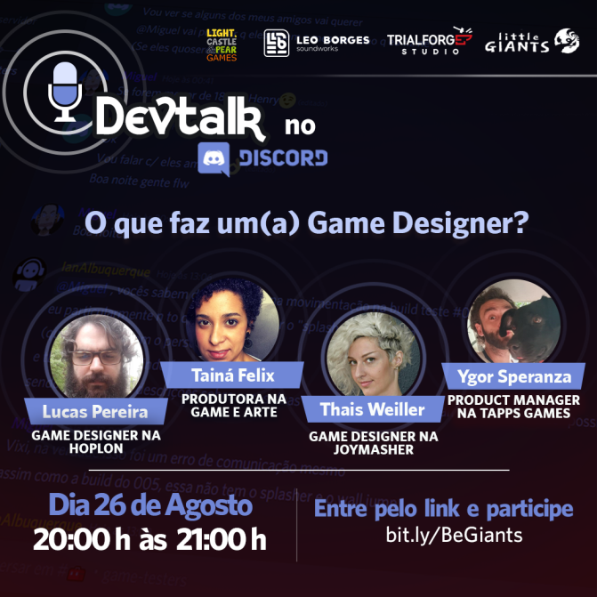 Giants_Studio's tweet image. Fala Galera! Essa semana eu estou avisando com ANTECEDÊNCIA!

AMANHÃ teremos umas das mesas de maior renome desse Devtalk, se você quer ser Game Designer, eu recomendo vir! Nem que seja só para networking hahaha

Link do Discord: discord.gg/fPVfywM