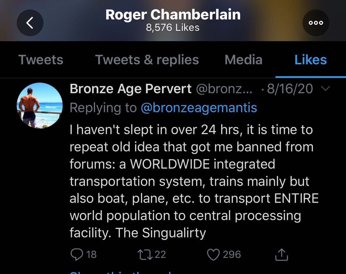 On August 16th, Sen Chamberlain liked a tweet that said we need to build a worldwide transportation system of "mainly trains" to transport the world to a central "processing facility". This is absolutely horrifying. Sen. Chamberlain need to have his gavel taken away IMMEDIATELY.