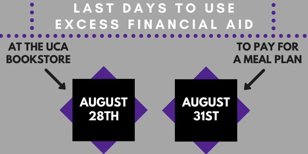 Students, you only have a few days left to use your excess aid! Last day to use it at the bookstore is the 28th. Last day to use it to pay for a meal plan is the 31st. Any excess aid not used will be disbursed via direct deposit or check.
