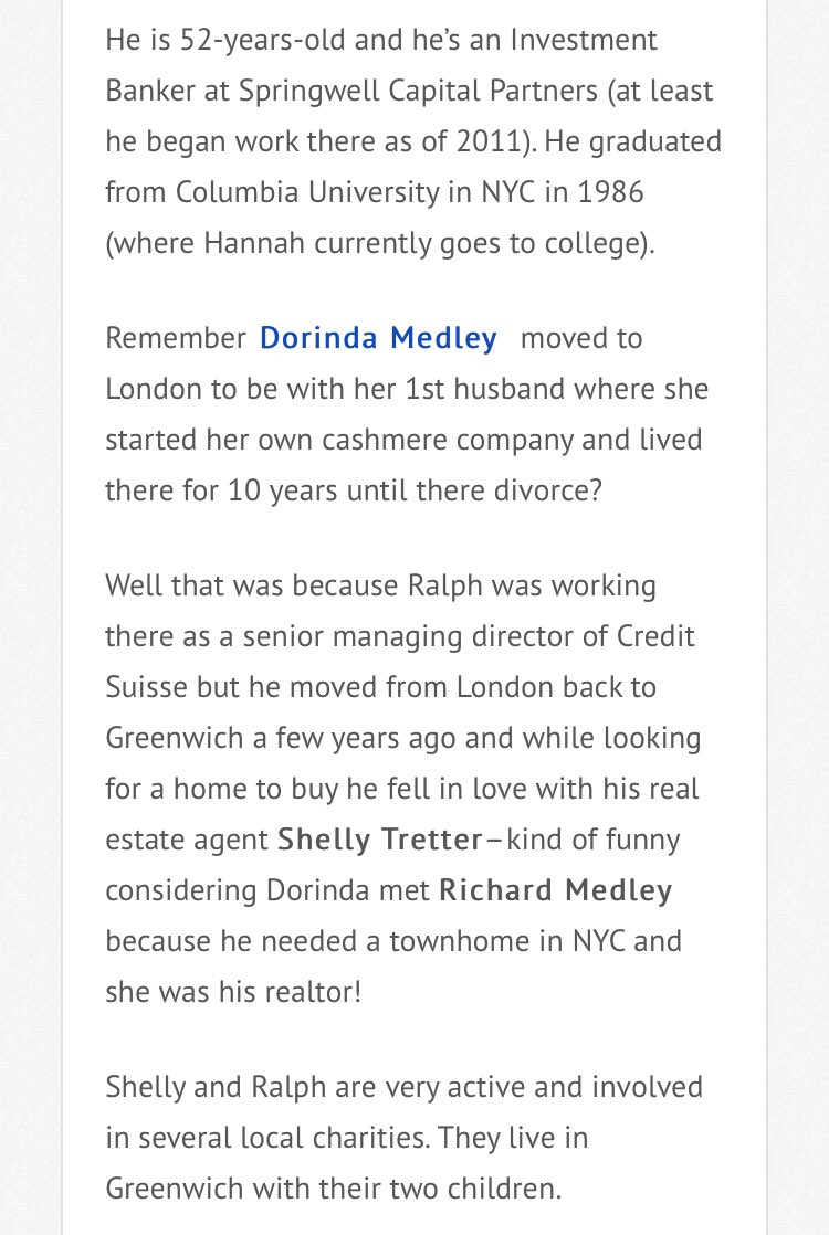 2) Dorinda is no slouch, but we’ll get to her cashmere company in a second. Her first husband, her daughter’s father, is Ralph Lynch. Dorinda and Ralph were over in London bc Ralph had a fancy job with... Credit Suisse! (Have fun digging on that ) He’s now ‘back in CT’  #RHONY