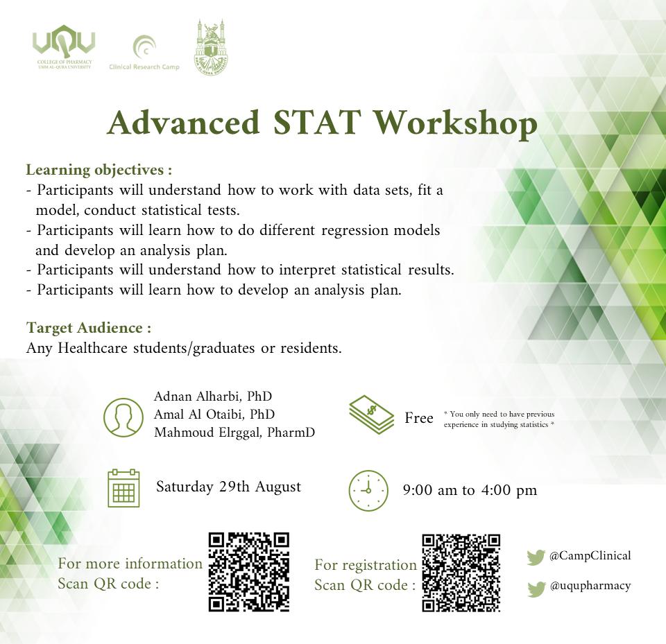 CampClinical's tweet photo. We are pleased to announce our second program for this summer entitled "Advanced Statistics Workshop". Event will take place online this Saturday 29th August, 2020.
For more details about the workshop and free registration, scan the QR codes. https://t.co/jkuP77qO3b