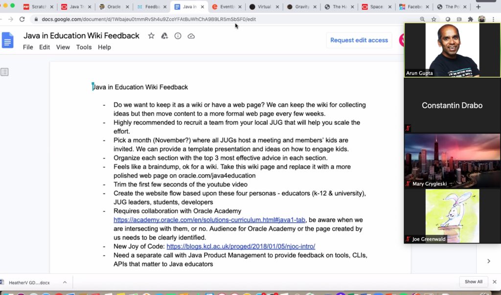 ameliaeiras's tweet image. Now @arungupta & @allmycode providing feedback on the #JavaInEducation wiki 💪🏼🥋💙 #MovedByJava @jcp_org #communityFIRST because #sharingIScaring