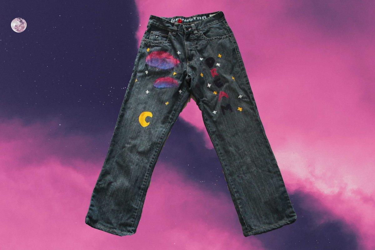DREAM JEANS - hand painted and thrifted - size W29" - €25 with free shipping to the Netherlands. International shipping possible https://www.etsy.com/listing/832972948/galaxy-moon-sky-hand-painted-high-waist?ref=shop_home_active_8&frs=1