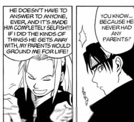 Not only was it some shit she said when she was 12, but y’all took it out of context and ran with it. She never made fun of him for being an orphan. She said he’s selfish and misbehaves because he doesn’t have parents to teach him right from wrong. Which Sasuke AGREED TO