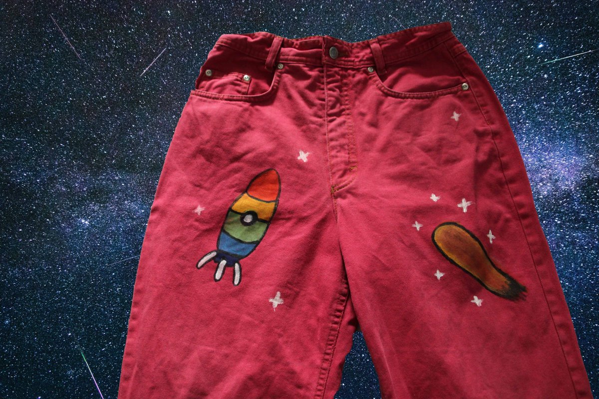 ROCKET JEANS - hand painted and thrifted - size EU40/US10/UK12 - €30 with free shipping to the Netherlands. International shipping possible https://www.etsy.com/listing/832742852/rocket-red-high-waisted-hand-painted?ref=shop_home_active_11&frs=1