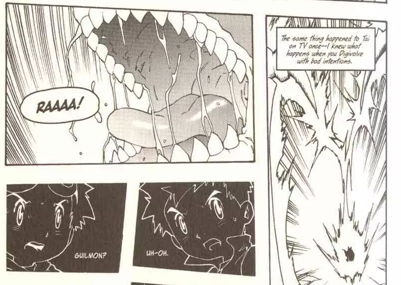 Other products also tried to be more clear about the connection. The manhua adaptation of "Digimon Tamers" included Takato making a direct reference to "Takato saw Taichi in the TV" when Guilmon evolved into Megidramon comparing this to Agumon evolving into SkullGreymon.