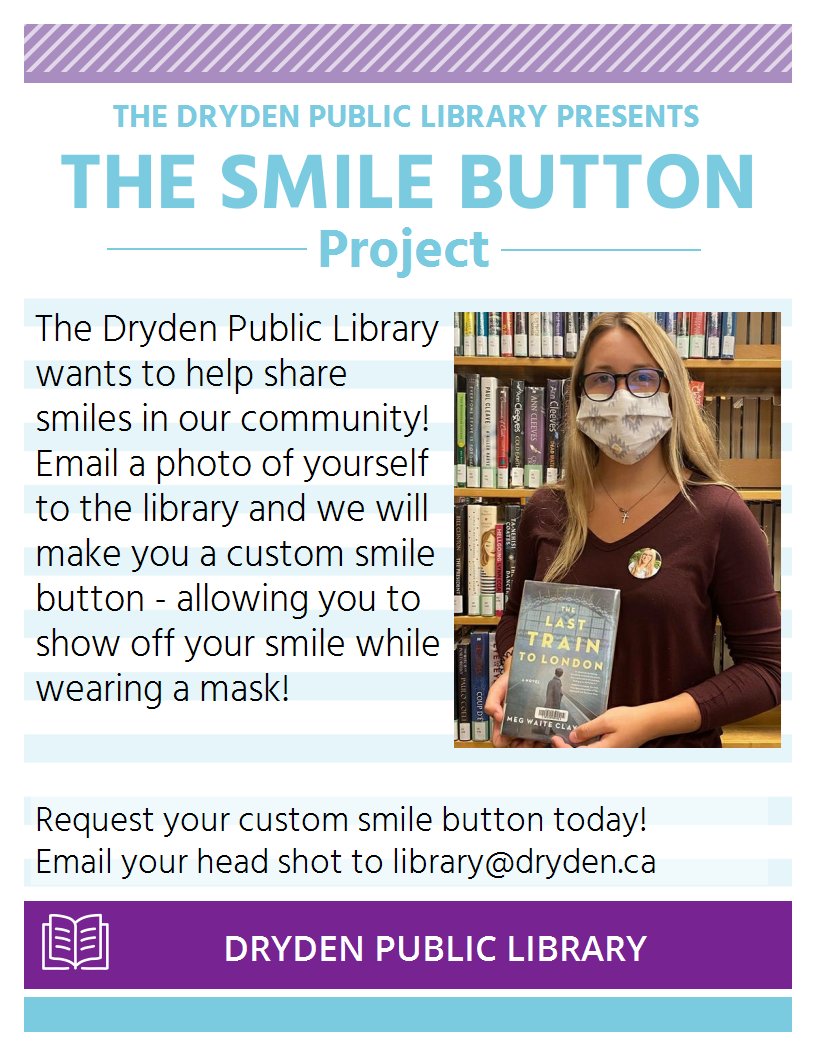 DPL1966's tweet photo. The Dryden Public Library is excited to present: The Smile Button Project! https://t.co/fOfLqGLQNL https://t.co/rShBgMArRi