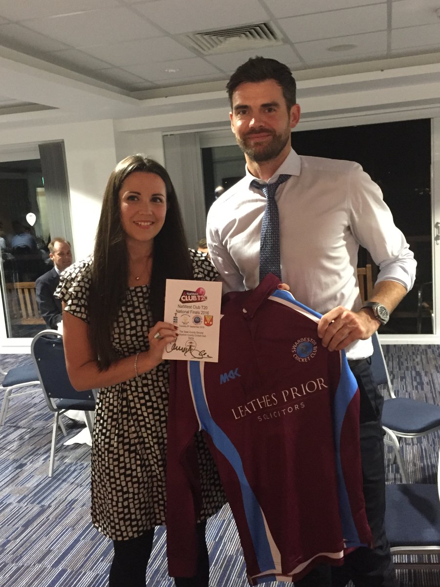 Congratulations to the one &amp; only <a href="/jimmy9/">James Anderson</a> for number 600. Honoured to have met him when he was guest of honour at the pre-game dinner for the 2016 <a href="/NatWest_Cricket/">NatWest Cricket</a> Club T20 final. What a gent. Here he is pictured with <a href="/charlottesheehy/">Charlotte Sheehy</a> from our main club sponsors <a href="/leathesprior/">Leathes Prior Solicitors</a>.