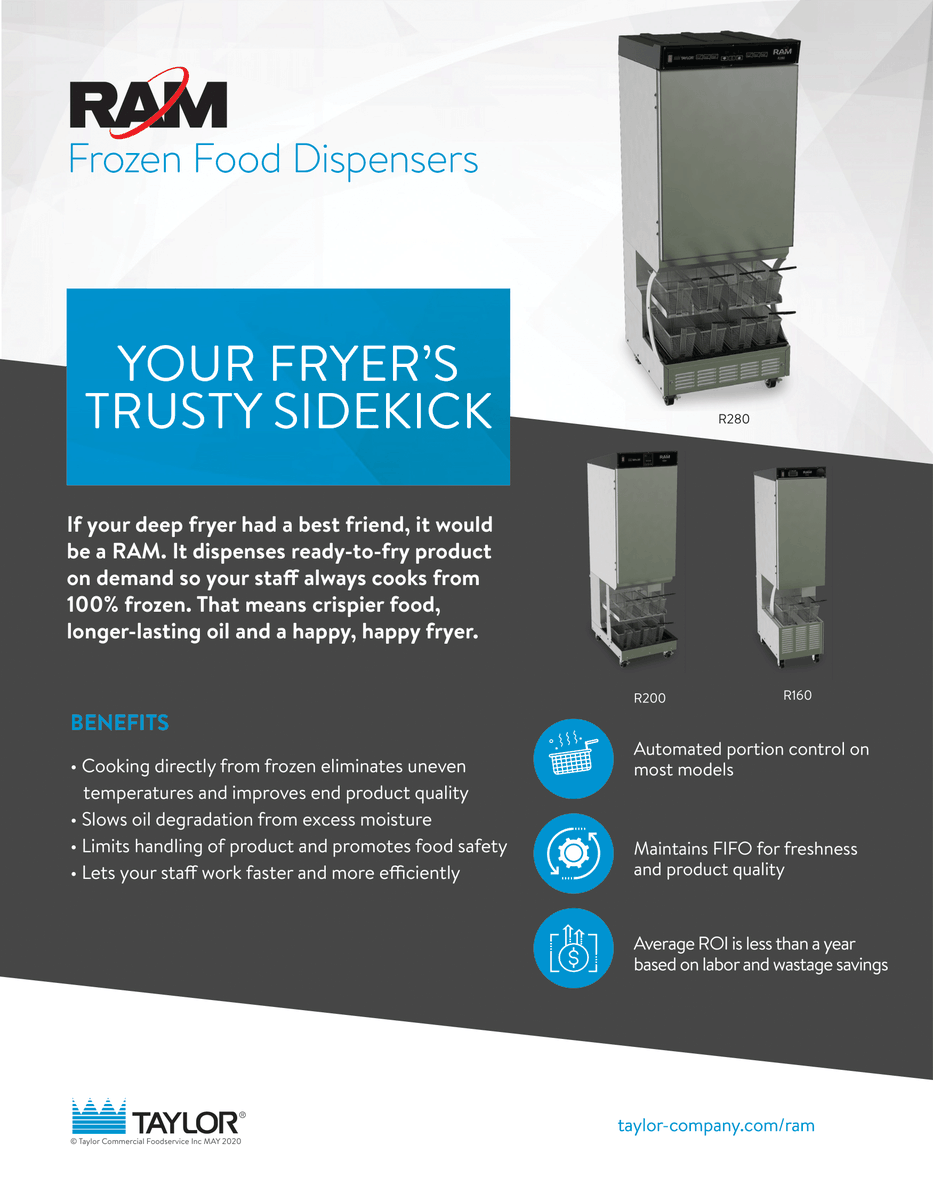 LaneAndMcClain's tweet photo. Have you heard about Taylor’s latest product? Introducing the RAM Frozen Food Dispenser. It dispenses ready-to-fry products so that your food will come out crispier every time. Want to know more about this new product? Call us at 214-748-7669 today. https://t.co/OqPH3jx0Yb