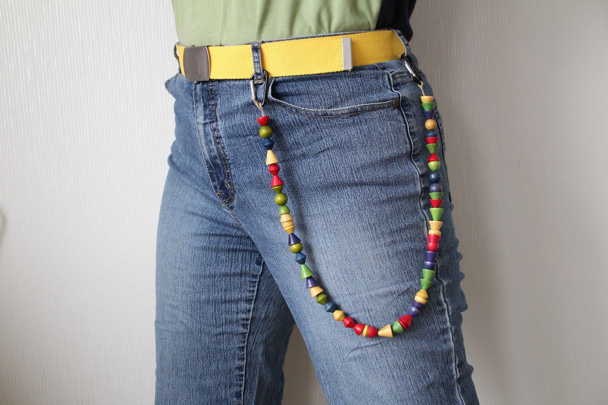 CONES JEANS CHAIN - thrifted and upcylced materials - €13.50 with free shipping to the Netherlands. International shipping possible https://www.etsy.com/listing/832717046/retro-colourful-jeans-chain-wooden-cone?ref=shop_home_active_14&frs=1&cns=1
