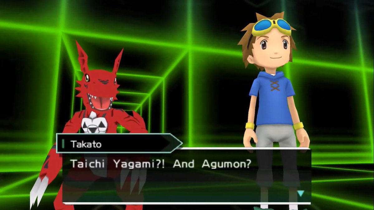 But the clearest time that this happened was in "Digimon Adventure (PSP)". It started more subtle with Takato simply saying that they share the name of someone famous in their world, and Guilmon making reference to the Agumon toy.