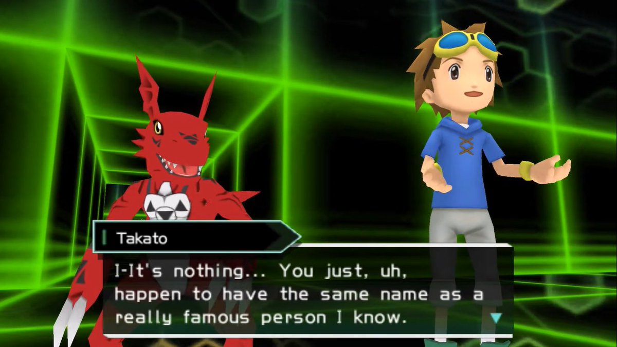 But the clearest time that this happened was in "Digimon Adventure (PSP)". It started more subtle with Takato simply saying that they share the name of someone famous in their world, and Guilmon making reference to the Agumon toy.