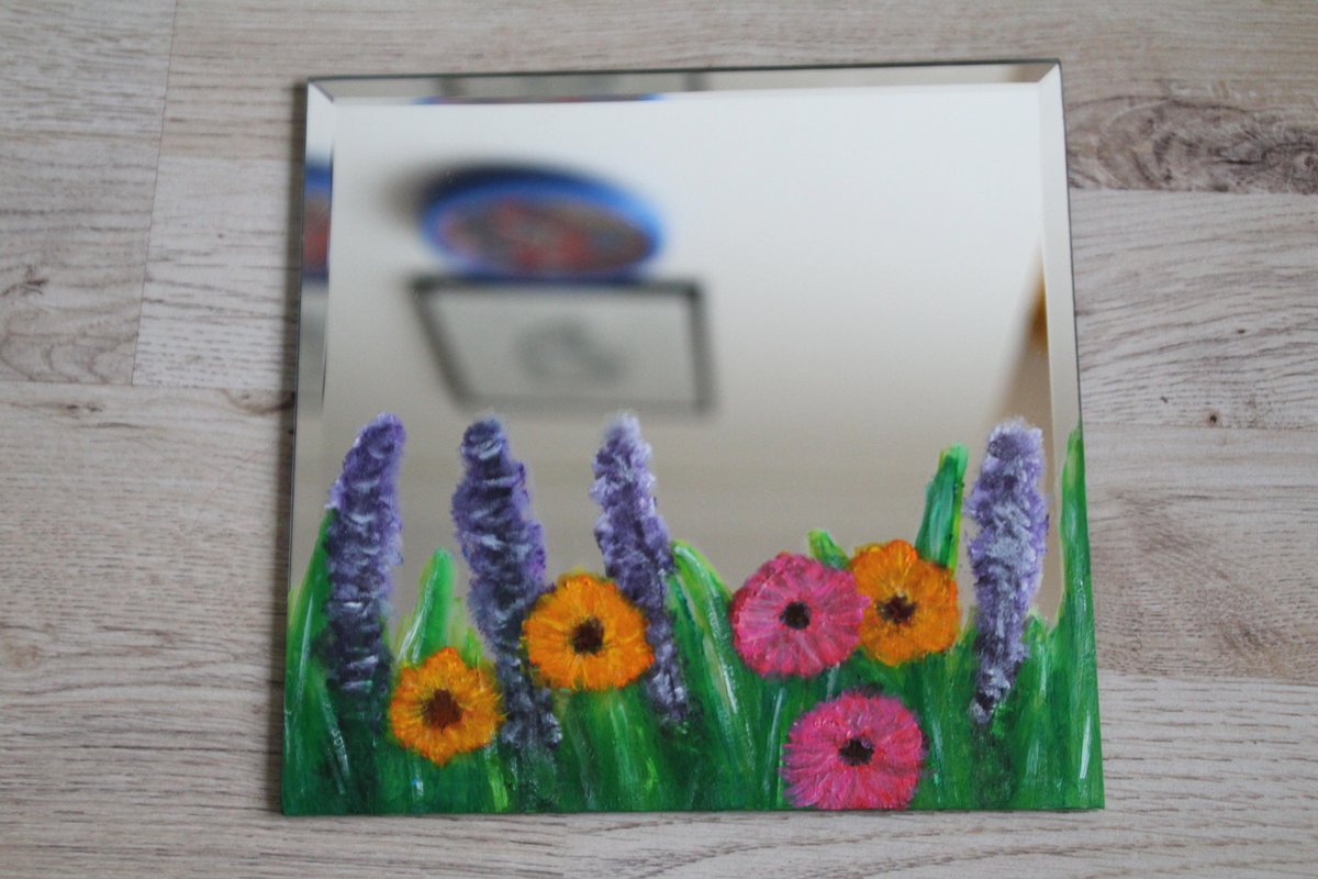 FLOWER FIELD PAINTED MIRROR - hand painted - thrifted and upcylced - €17 with free shipping to the Netherlands. International shipping possible https://www.etsy.com/listing/855743661/frameless-hand-painted-mirror-flower?ref=shop_home_active_3&frs=1