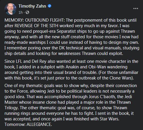 yoski_soulnova's tweet photo. Timothy Zahn is talking about his experiences while writing Outbound Flight on his facebook page.

#starwars #thrawn #chiss #chissascendancy #outboundflight #clonewars #anakin #obiwan https://t.co/AxdiOBJIvu