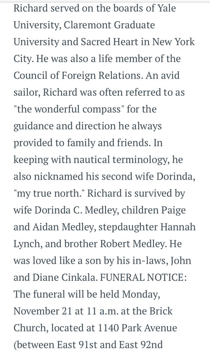 4) Dorinda & Ralph divorced. Bc of her circle, she was selling super high end real estate in NY. The story goes that she met Richard showing him a property. Who’s Richard?•Worked w/Soros (as in WITH) •*life member* of CFR. (That’s a really big deal). •Board @ Yale #RHONY