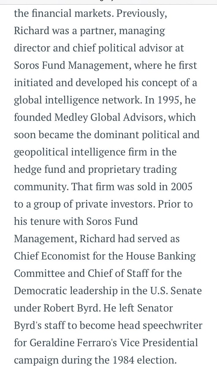 4) Dorinda & Ralph divorced. Bc of her circle, she was selling super high end real estate in NY. The story goes that she met Richard showing him a property. Who’s Richard?•Worked w/Soros (as in WITH) •*life member* of CFR. (That’s a really big deal). •Board @ Yale #RHONY