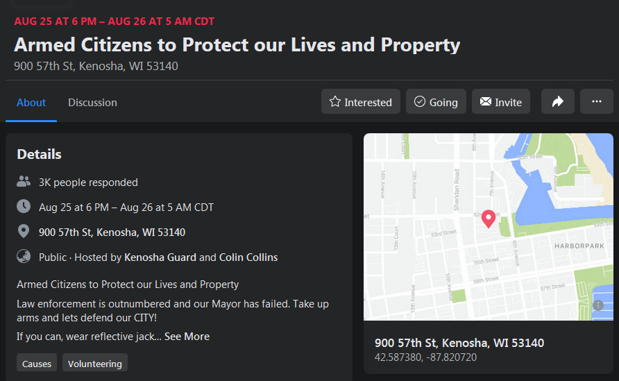 This Back The Blue linked FB account has been out recording the  #KenoshaUprising, posting public info about bail funds, and just posted this "Armed Citizens to Protect our Lives and Property" event for today