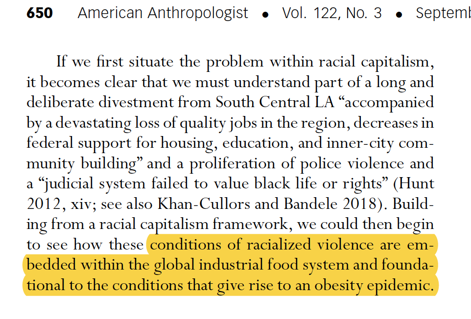 In "The Violence of Racial Capitalism and South Los Angeles’s Obesity 'Epidemic'"  @hannagarth asks for a rethinking of public health to consider state-sanctioned redlining, gentrification, zone redistricting & police-prison brutality. https://anthrosource.onlinelibrary.wiley.com/doi/10.1111/aman.13444