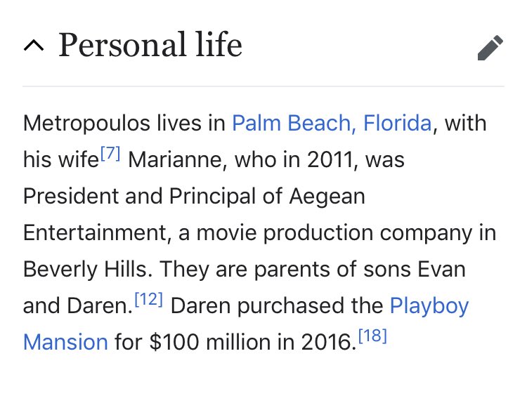 94/ C. DEAN METROPOULOSBeer & Junk Food MagnateWife was President of Hollywood Production CoSon bought PIayboy Mansion, THEN ANOTHER HoIIywood mansion from a terr0rist-linked CIinton Foundation donor -son is clearly a middle manThis family definitely needs a dig