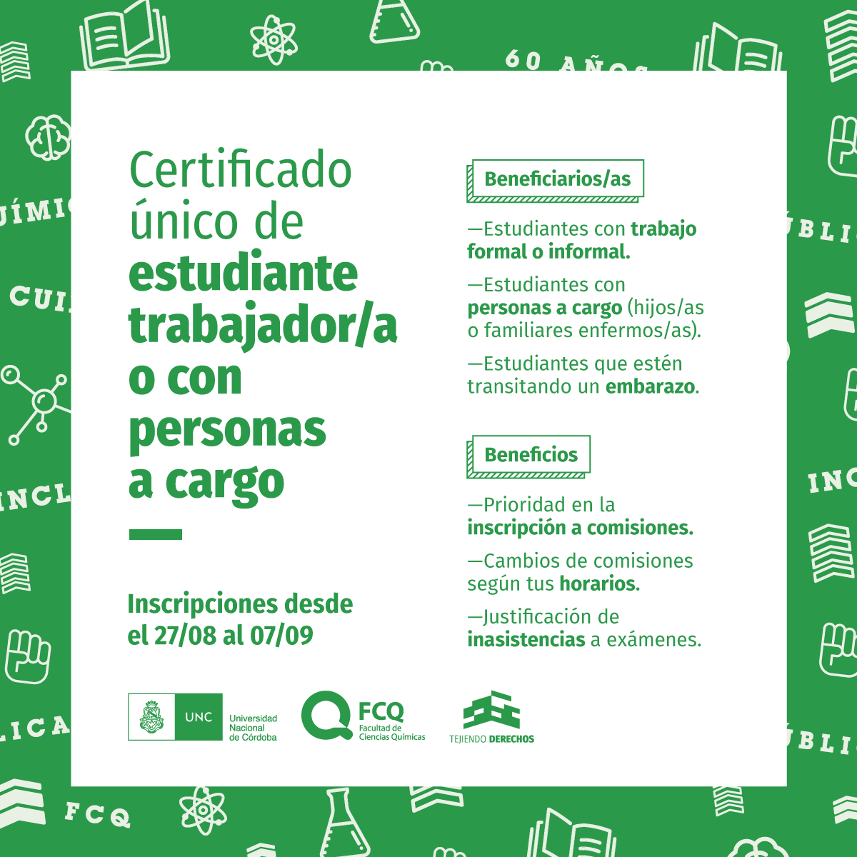 fcqoficial's tweet photo. La #SAEFCQ informa a #EstudiantesFCQ que a partir del jueves 27 de agosto de 2020 se puede comenzar a gestionar la certificación #CUETP (Certificado Único de Estudiantes #Trabajadores y/o con #PersonasACargo). TODA LA INFO, AQUÍ https://t.co/bqfByBzJrv https://t.co/2BOFKtGPhv