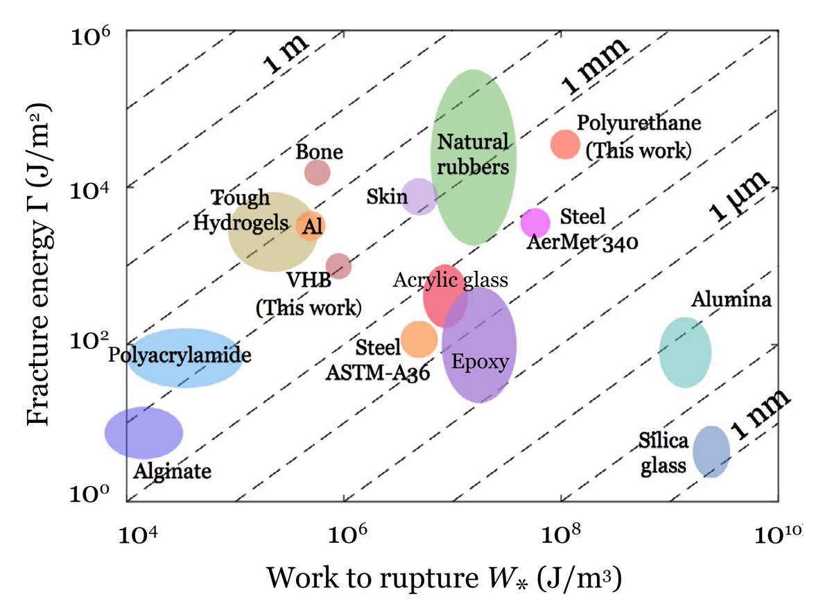 This paper discusses these ideas. https://doi.org/10.1016/j.eml.2016.10.002In the figure, Gc, Wc, and R are three material constants.A remarkable fact: of all materials plotted, silica has the smallest Gc, but the largest Wc. @ProfZhaoMIT  @ProfBuehlerMIT  @ProfGraceGu  @michelleoyen