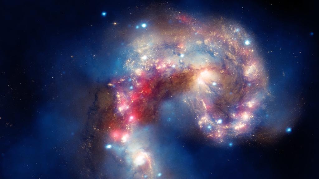 NASAHubble's tweet photo. Today is the 17th anniversary of @NASAspitzer’s launch! 🎉

The Spitzer Space Telescope completed its mission earlier this year. Along with @chandraxray, Spitzer teamed up with Hubble to make amazing observations, like this image of the Antennae galaxies: https://t.co/IfEvC0ZlCk https://t.co/rKpIHTwW0N