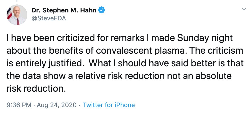 ThreadOn 2020 Aug 23,  @SteveFDA falsely claimed that out of "100 people who are sick with  #COVID19, 35 would have been saved because of the administration of [convalescent] plasma."Dr. Hahn partially retracted this dangerous claim. https://twitter.com/US_FDA/status/1297662384060981248?s=201/