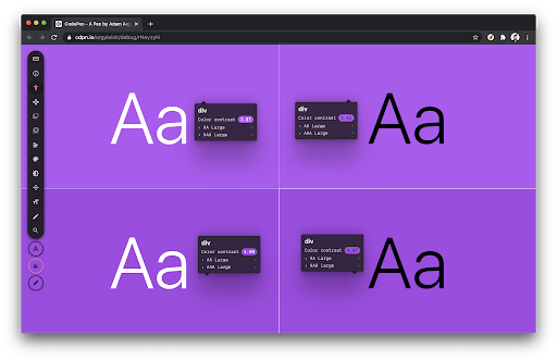 (a mismatch between RGB math and human perception..) I believe the white text "pops" WAY MORE than the black text.. but, the algorithm we use today disagrees.. what do you think?!explore how a small change to purple can convince the algorithm otherwise https://codepen.io/argyleink/pen/rNeyzyN