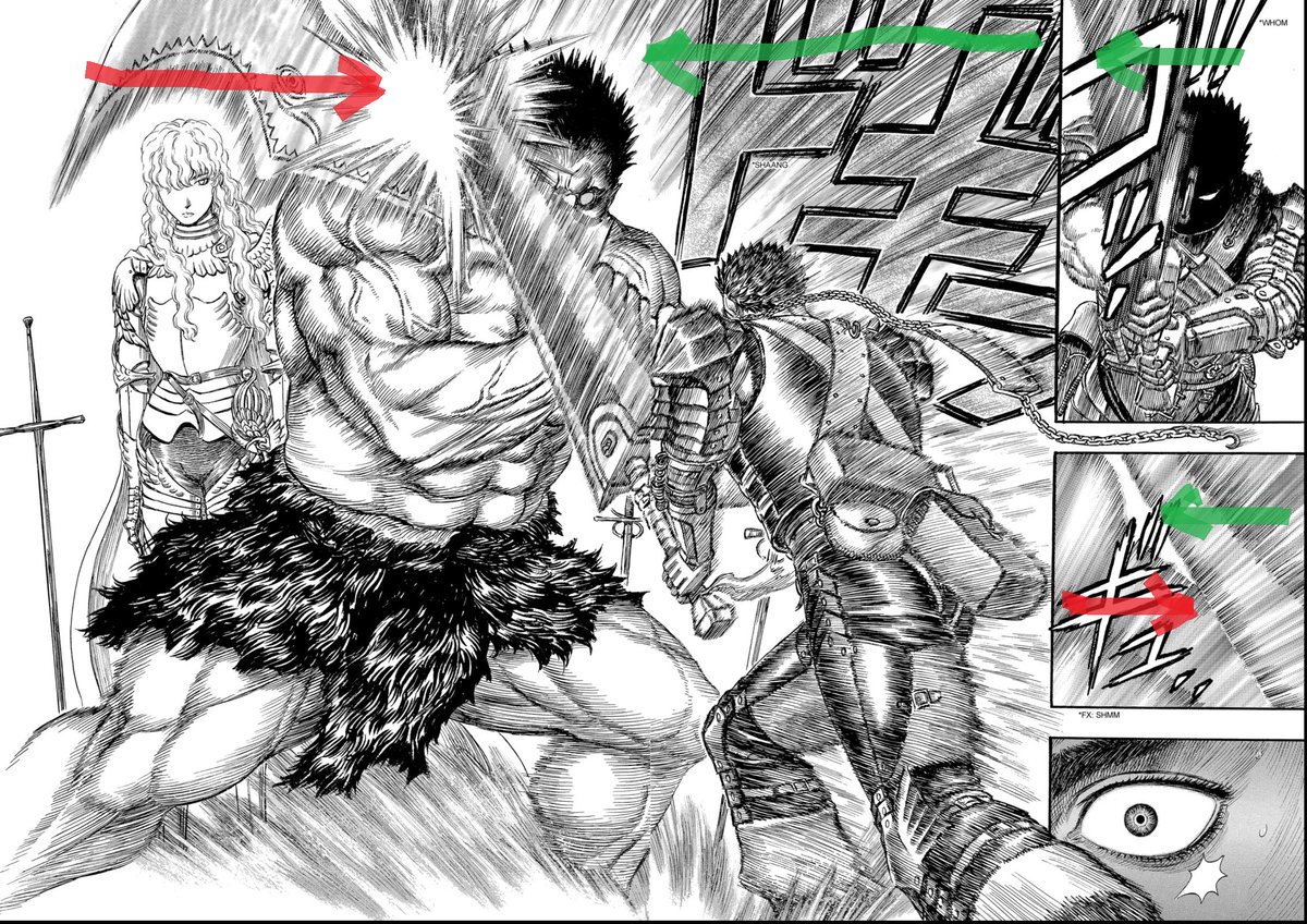 Let's go back to Berserk now. The sword strike comes goes with the panel flow, making it look faster, while Zodd's surprise block is against it. Here Miura uses the panel flow as a spring to better go against it. He also shows Zodd's sword in a small panel first, adding suspens