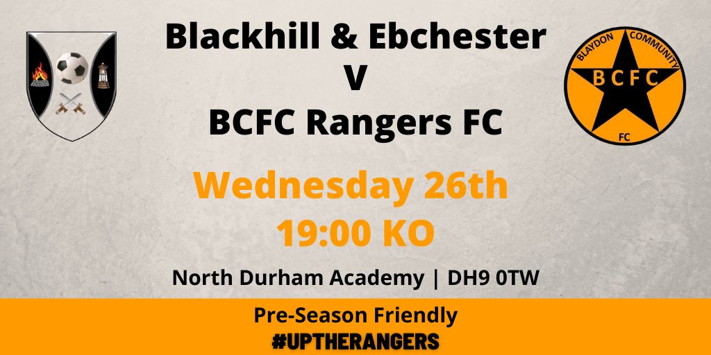 NEXT FIXTURE | Next up for BCFC Rangers:

⚽ <a href="/BlackhillandEFC/">Blackhill&Ebchester</a> 
📅 Wednesday 26th August 2020
⌚ 19:00
🏆 Pre-Season Friendly 
📍 North Durham Academy
🚗 DH9 0TW

#UPTHERANGERS