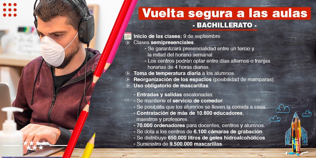 educacmadrid's tweet photo. El inicio de las clases de #Bachillerato será el día 9 de septiembre.

La #VueltaAlColeSegura será con clases semipresenciales, se garantizará la mitad o 1/3 del horario semanal de forma presencial en las aulas con uso obligatorio de mascarillas. https://t.co/QF5LTJgR4i